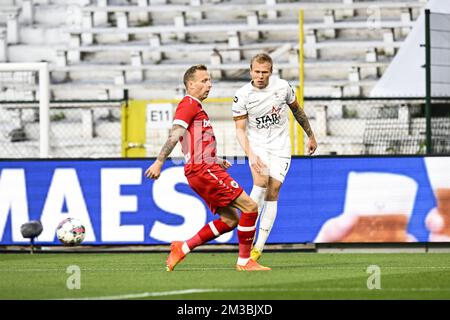Antwerp's Ritchie De Laet and OHL's Jon Thorsteinsson pictured in action during a soccer match between Royal Antwerp FC and OH Leuven, Sunday 07 August 2022 in Antwerp, on day 3 of the 2022-2023 'Jupiler Pro League' first division of the Belgian championship. BELGA PHOTO TOM GOYVAERTS Stock Photo
