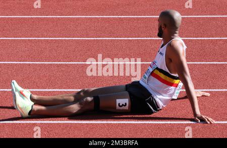 Belgian Michael Obasuyi reacts after the heats of the Men's 110m hurdles race, on the second day of the Athletics European Championships, at Munich 2022, Germany, on Tuesday 16 August 2022. The second edition of the European Championships takes place from 11 to 22 August and features nine sports. BELGA PHOTO BENOIT DOPPAGNE Stock Photo