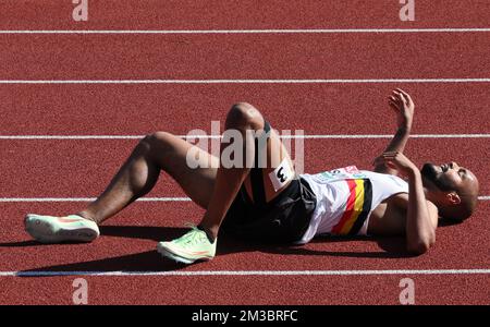 Belgian Michael Obasuyi reacts after the heats of the Men's 110m hurdles race, on the second day of the Athletics European Championships, at Munich 2022, Germany, on Tuesday 16 August 2022. The second edition of the European Championships takes place from 11 to 22 August and features nine sports. BELGA PHOTO BENOIT DOPPAGNE Stock Photo