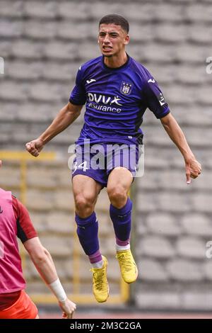 RSCA Futures' Mohamed Bouchouari celebrates after scoring during a soccer  match between RSC Anderlecht Futures (u23)