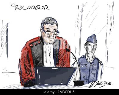 This drawing by Jonathan De Cesare shows Belgian public prosecutor (procureur federal) Bernard Michel pictured during a preliminary session before the Brussels-Capital Assizes Court in the trial of the terror attacks of 22 March 2016 in Brussels, Monday 12 September 2022, at the Justitia site in Haren, Brussels. On March 22 2016, 32 people were killed and 324 got injured in suicide bombings at Zaventem national airport and Maalbeek/ Maelbeek metro station, which were claimed by ISIL. BELGA PHOTO JONATHAN DE CESARE Stock Photo