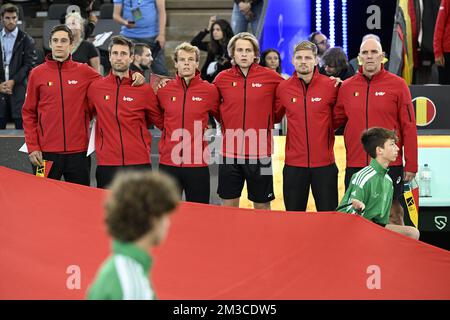 Belgian players pictured ahead of the game between Belgian Bergs and Australian Kubler, the first game between the Belgian team and Australia, in Group C of the group stage of the 2022 Davis Cup finals, Tuesday 13 September 2022, in Hamburg, Germany. Belgium will compete from 13 to 18 September against Australia, Germany and France in Group C. BELGA PHOTO LAURIE DIEFFEMBACQ  Stock Photo