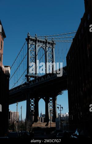 New York City Brooklyn Dumbo area red building and Manhattan Bridge Stock Photo