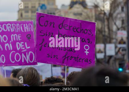 interesting violet and white protest signs in middle of a crowd during 8M marches in International Women's Day by claiming her rights Stock Photo