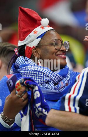 DOHA, QATAR - DECEMBER 14: Supporter of France pose for a photo before the FIFA World Cup Qatar 2022 Semi-finals match between France and Morocco at Al Bayt Stadium on December 14, 2022 in Al Khor, Qatar. (Photo by Florencia Tan Jun/PxImages) Credit: Px Images/Alamy Live News Stock Photo