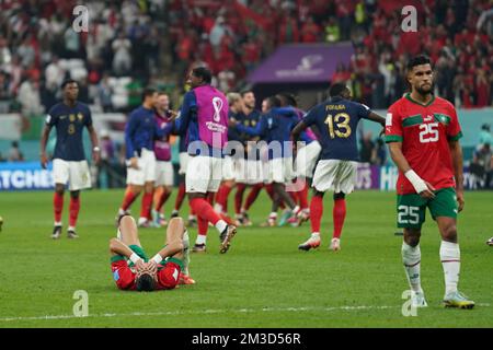 Al Khor, Qatar. 14th Dec, 2022. Al Bayt Stadium DOHA, QATAR - DECEMBER 14: Players of Morocco reacts after the loss to France after the FIFA World Cup Qatar 2022 Semi-finals match between France and Morocco at Al Bayt Stadium on December 14, 2022 in Al Khor, Qatar. (Photo by Florencia Tan Jun/PxImages) (Florencia Tan Jun/SPP) Credit: SPP Sport Press Photo. /Alamy Live News Stock Photo