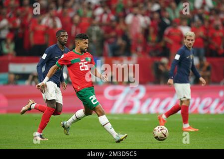 DOHA, QATAR - DECEMBER 14: Player of Morocco Yahya Attiyat-Allah during the FIFA World Cup Qatar 2022 Semi-finals match between France and Morocco at Al Bayt Stadium on December 14, 2022 in Al Khor, Qatar. (Photo by Florencia Tan Jun/PxImages) Credit: Px Images/Alamy Live News Stock Photo