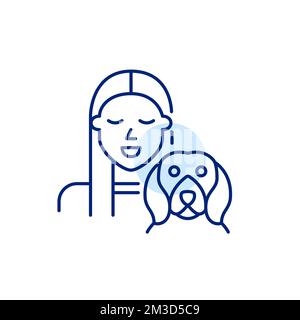 Pretty young girl and her beagle puppy. Happy dog owner icon. Pixel perfect, editable stroke art Stock Vector