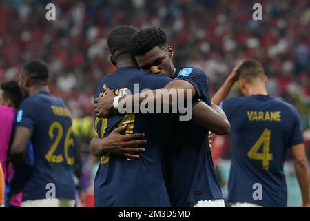 DOHA, QATAR - DECEMBER 14: Players of France celebrate the victory after the FIFA World Cup Qatar 2022 Semi-finals match between France and Morocco at Al Bayt Stadium on December 14, 2022 in Al Khor, Qatar. (Photo by Florencia Tan Jun/PxImages) Credit: Px Images/Alamy Live News Stock Photo