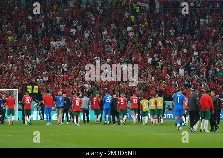 DOHA, QATAR - DECEMBER 14: Players of Morocco greet the supporters after the FIFA World Cup Qatar 2022 Semi-finals match between France and Morocco at Al Bayt Stadium on December 14, 2022 in Al Khor, Qatar. (Photo by Florencia Tan Jun/PxImages) Credit: Px Images/Alamy Live News Stock Photo