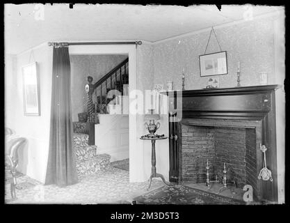 Interior of home showing staircase and fireplace , Buildings. Hingham ...