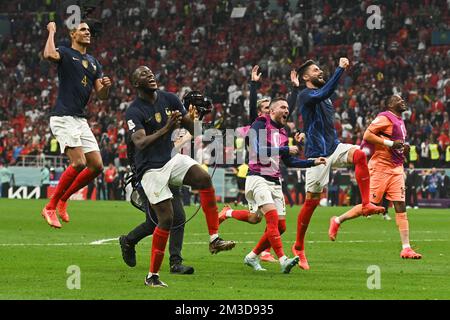 Al Khor, Qatar. 14th Dec, 2022. France's players celebrate their victory in the Qatar 2022 World Cup semi-final football match between during France v Morocco match of the Fifa World Cup Qatar 2022 at Al Bayt Stadium in Doha, Qatar on December 14, 2022. Photo by Laurent Zabulon/ABACAPRESS.COM Credit: Abaca Press/Alamy Live News Stock Photo