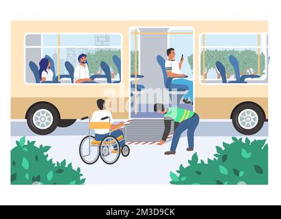 Man in wheelchair rides on ramp to bus vector Stock Vector