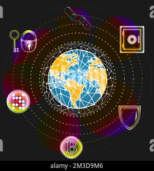 Global bitcoin. Crypto currency blockchain technology and world map ...
