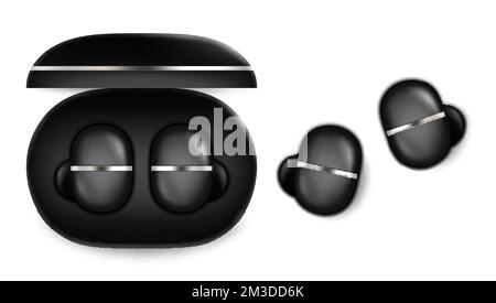 Black wireless headphones with charger box vector Stock Vector
