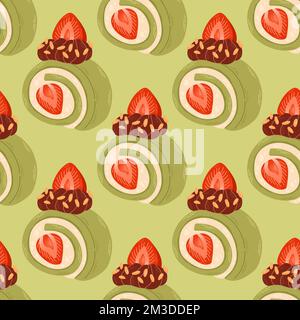 Strawberry matcha cake roll seamless pattern. Matcha dessert pattern on green. Japanese Matcha Roll Stock Vector