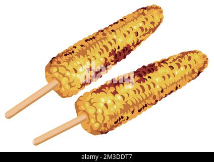 Grilled Corn On The Cob Vector Illustration Set Isolated On A White Background. Stock Vector