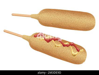 Corn Dogs With Ketchup And Mustard Vector Illustration Set Isolated On A White Background. Stock Vector