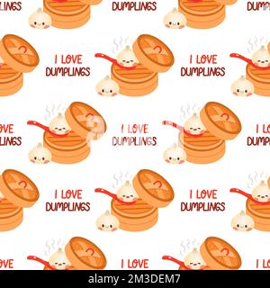 Dumpling and gyoza seamless pattern vector drawing. Traditional Japanese dumplings with funny smiling faces. Stock Vector
