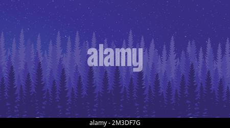 Panorama of dense night forest, fir and pine trees of natural green landscape, web background, template - Vector illustration Stock Vector