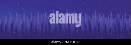 Panorama of dense night forest, fir and pine trees of natural green landscape, web background, template - Vector illustration Stock Vector
