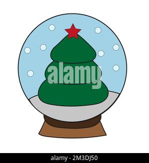 Christmas snow ball with tree and snowflakes. Vector illustration icon and sticker. Xmas decoration design. Holiday symbol. Stock Vector