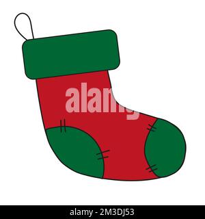 Christmas sock for gift red and green color. New year illustration for clothing design. Xmas card, icon, sticker. Winter holiday design. Stock Vector