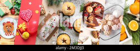 Set of traditional Christmas desserts on table, top view Stock Photo