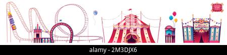 Carnival funfair with roller coaster, circus tent, tickets booth and hall of mirrors. Amusement park with festival fair tents and attractions, signs and balloons, vector cartoon set Stock Vector