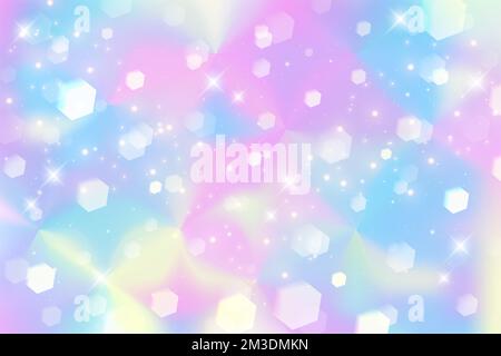 Rainbow holographic background with hexagons. Pastel gradient color sky with glitter and bokeh. Magic galaxy space and stars. Vector abstract pattern. Stock Vector