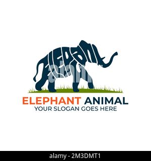 Elephant Wildlife animal logo design vector, icon with Warp Text Into the Shape of a Elephant animal illustration Stock Vector