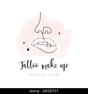 Tattoo makeup salon logo template. Permanent on lip. Linear female lips with pink watercolor splash. Hand drawn outline woman face. Abstract vector Stock Vector