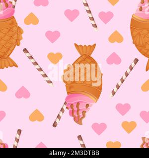 Japanese Taiyaki ice cream seamless pattern. Asian food illustration in cartoon style Stock Vector