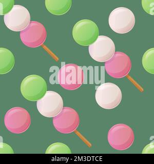Japanese three Dango on a skewer seamless pattern. Asian food illustration in cartoon Stock Vector