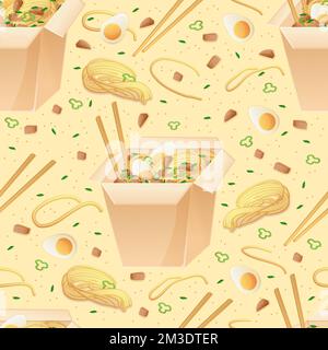 Asian food noodle wok box seamless pattern. China or japanese cuisine in cartoon style Stock Vector