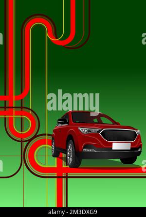 Red car on junction background. Vector 3d illustration Stock Vector