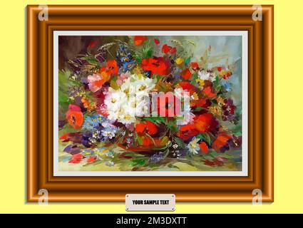 Gold frame with picture flowers.  3d vector illustration Stock Vector