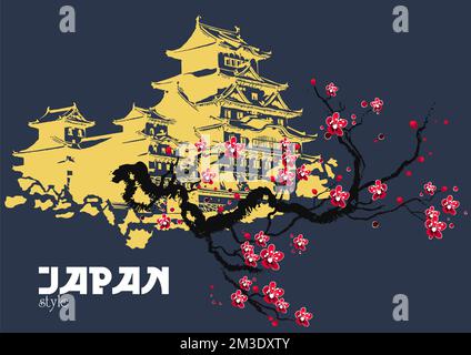 Sakura branch and temple on a black background. Color  Vector illustration in Japanese style Stock Vector
