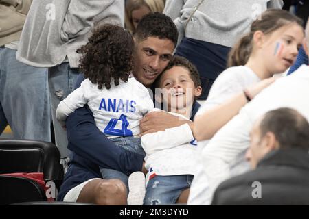 Wife of Raphaël Varane Camille Tytgat and their daughter during France v  Danemark match of the Fifa World Cup Qatar 2022 at Stadium 974 in Doha,  Qatar on November 26, 2022. Photo