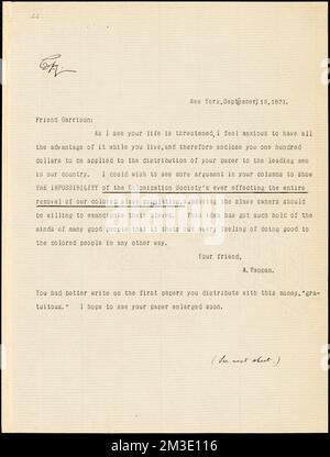 Letter from Arthur Tappan, New York, [New York], to William Lloyd Garrison, 1831 Sept[ember] 12 , Abolitionists, United States, 19th century, Correspondence, Antislavery movements, United States, History, 19th century, Social reformers, United States, History, 19th century, Abolitionists, United States, History, 19th century, Antislavery movements, United States, Social reformers, United States, American Colonization Society, Garrison, William Lloyd, 1805-1879, Tappan, Arthur, 1786-1865, Liberator Boston, Mass. : 1831 Stock Photo