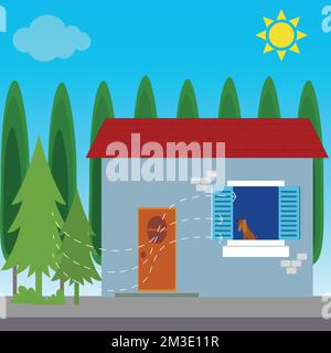 House in nature with open window, ventilation concept Stock Vector