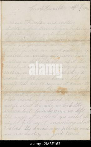 Letter from John Jubb, Camp Hamilton, to Thomas and Harriet Jubb, West Chelmsford, Mass., September 5, 1861 , United States, History, Civil War, 1861-1865. Jubb Brothers Civil War Letters Stock Photo