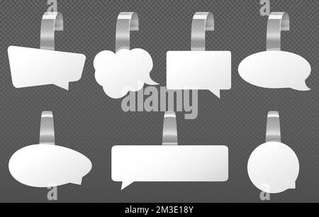 White wobblers speech bubbles mockup. Different shapes price tags. Vector realistic set of blank paper wobblers with clear plastic strip for supermarket shelf isolated on transparent background Stock Vector