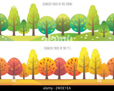 Set of two seamless cartoonish forest vector illustrations. One is in spring and the other is in autumn. Horizontally repeatable. Stock Vector