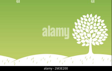 Seamless Springtime Background With A Tree And Grassy Hills In White Silhouette. Vector Illustration With Text space. Horizontally Repeatable. Stock Vector