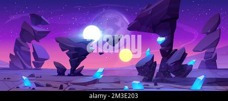 Alien planet landscape for space game background. Vector cartoon fantasy illustration of cosmos and planet surface with rocks, shiny blue crystals, satellites and stars in night sky Stock Vector