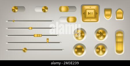 Music control panel with golden buttons, knobs, switch and volume slider. Vector realistic interface of audio or video application with gold colored buttons with play, stop, pause and power icons Stock Vector