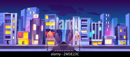 City crossroad at night time, empty transport intersection with zebra crossing, glowing street lamps. Urban architecture, infrastructure, megapolis with modern buildings, Cartoon vector illustration Stock Vector