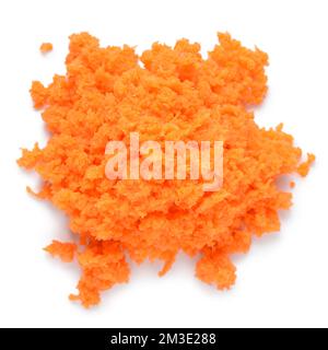 top view of crushed, grated and minced fresh vegetables roots of carrot isolated on white background Stock Photo