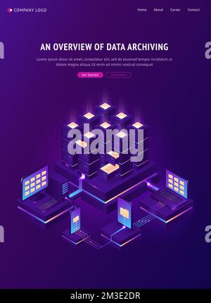 Archive with folders in cabinets and computers. Overview of data archiving banner. Vector isometric illustration of database, digital storage, sharing documents and protection privacy information Stock Vector